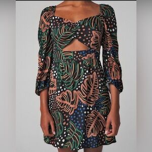 Tropical Leaf Print Coquette Feminine Stylish 3/4 Sleeve Off Shoulder Dress Med